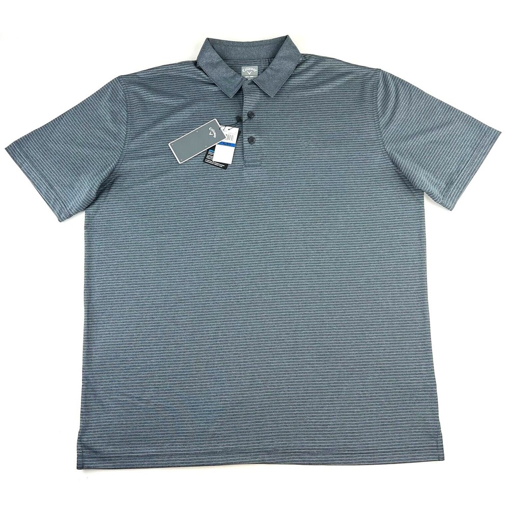 New Callaway Mens Opti Dri UPF Golf Polo Shirt Black Gray Heather Striped Sz XL
